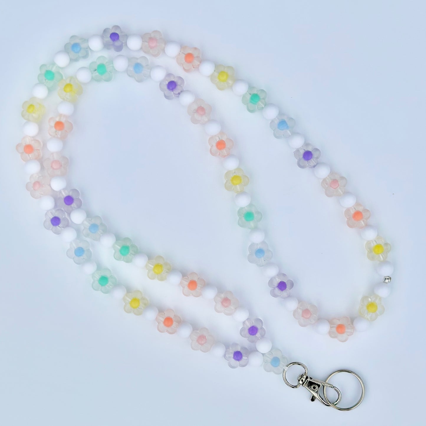 White & Flower Beaded Lanyard
