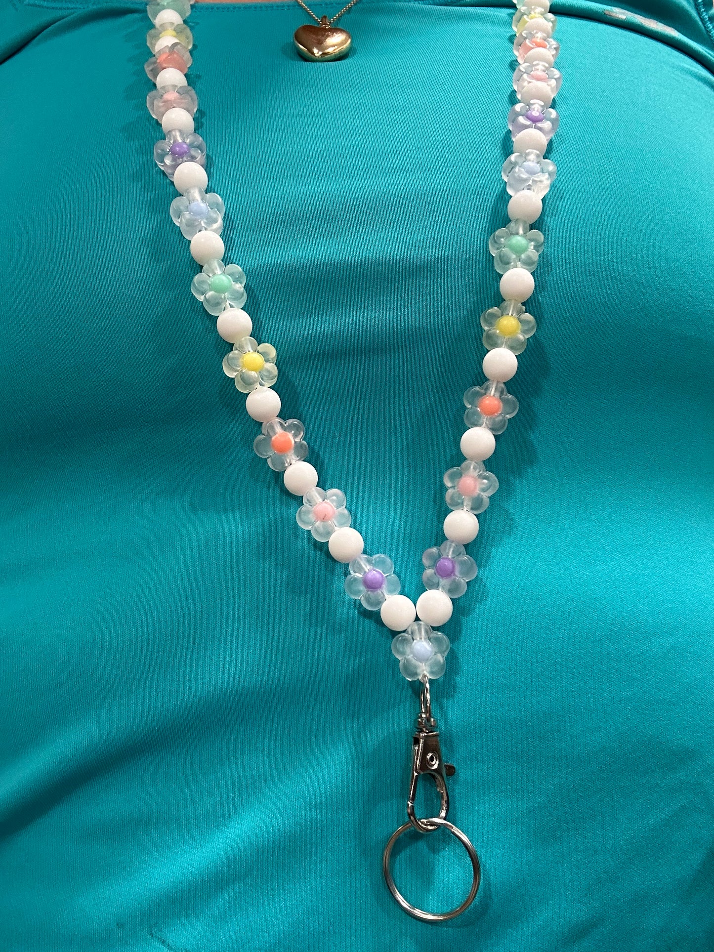 White & Flower Beaded Lanyard
