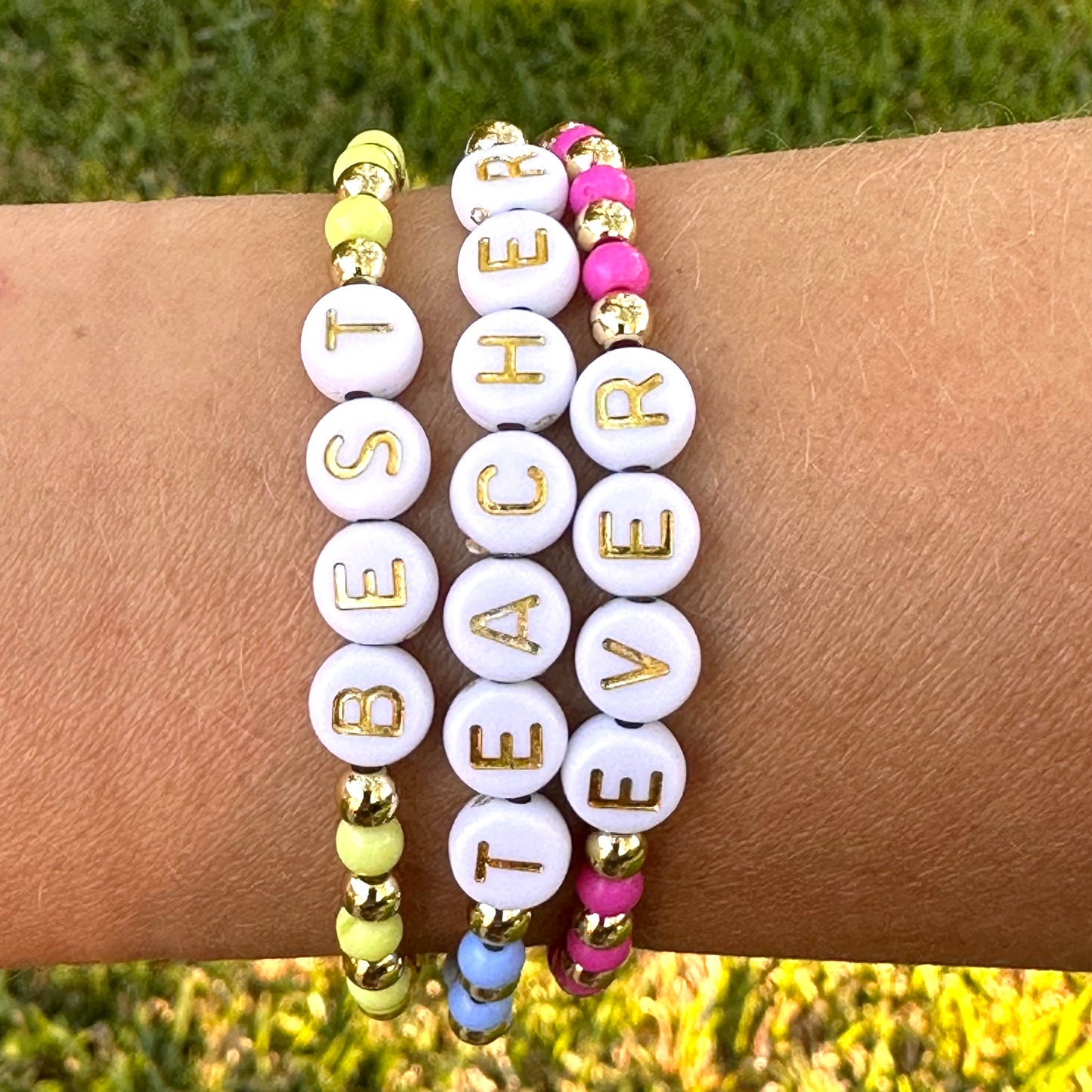 Best Teacher Ever Stacking Bracelets - 18k gold filled and acrylic beads