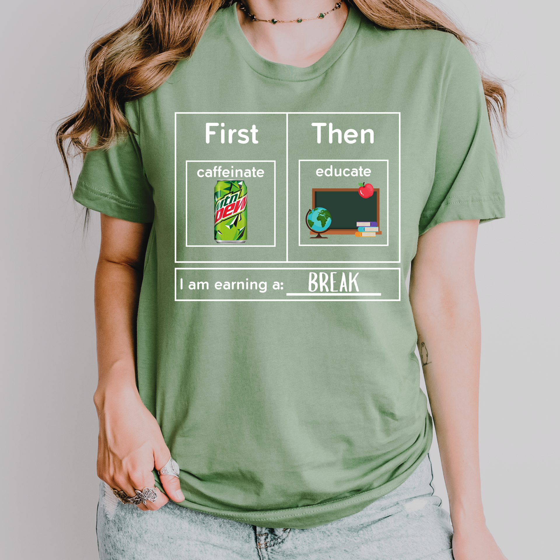 First Caffeinate Then Educate Teacher T-Shirt Mtn Dew – Exhausted