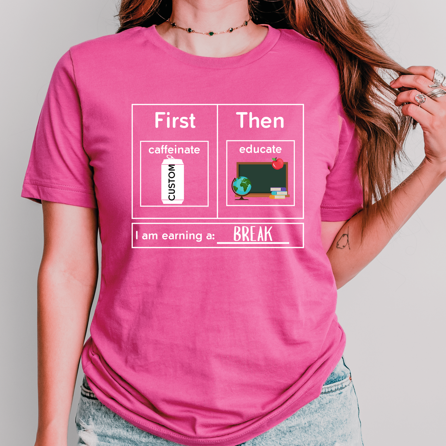 First Caffeinate Then Educate Teacher T-Shirt Custom Choose Your Beverage