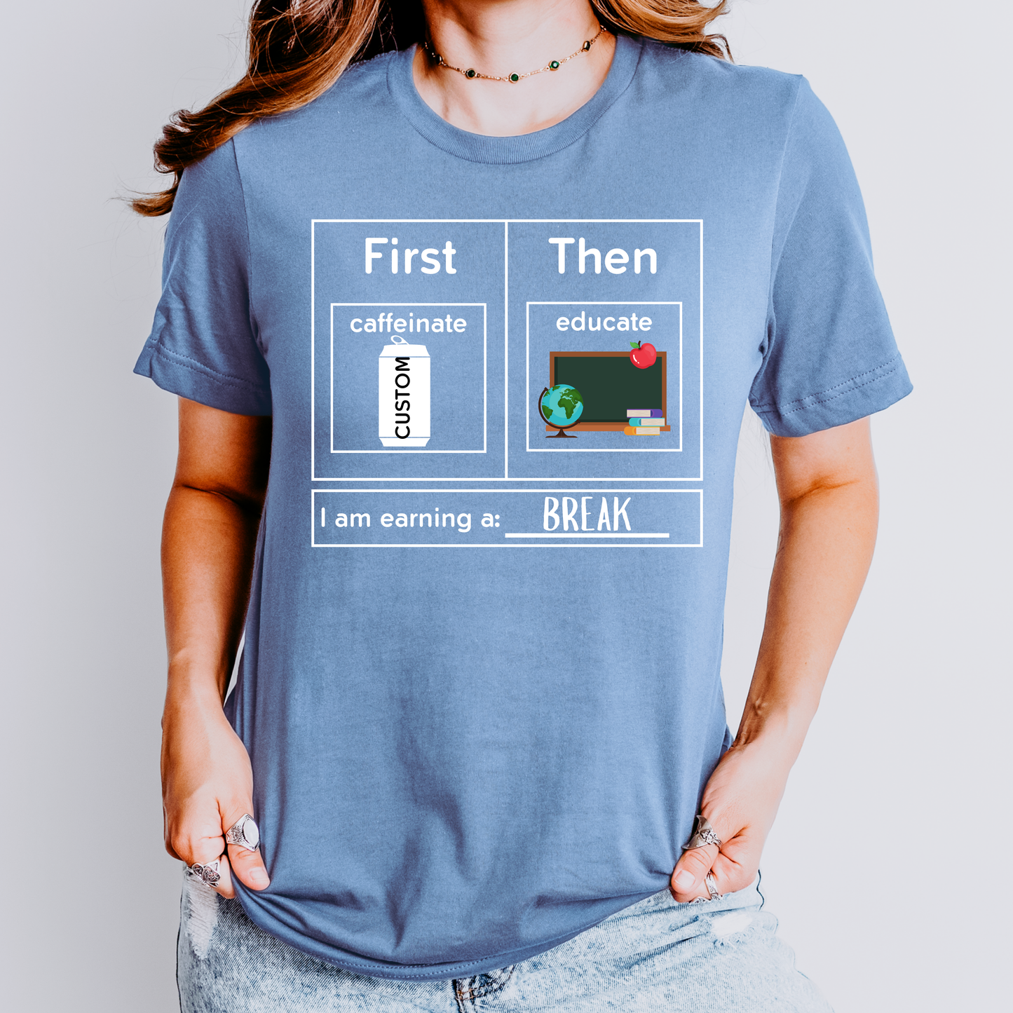 First Caffeinate Then Educate Teacher T-Shirt Custom Choose Your Beverage