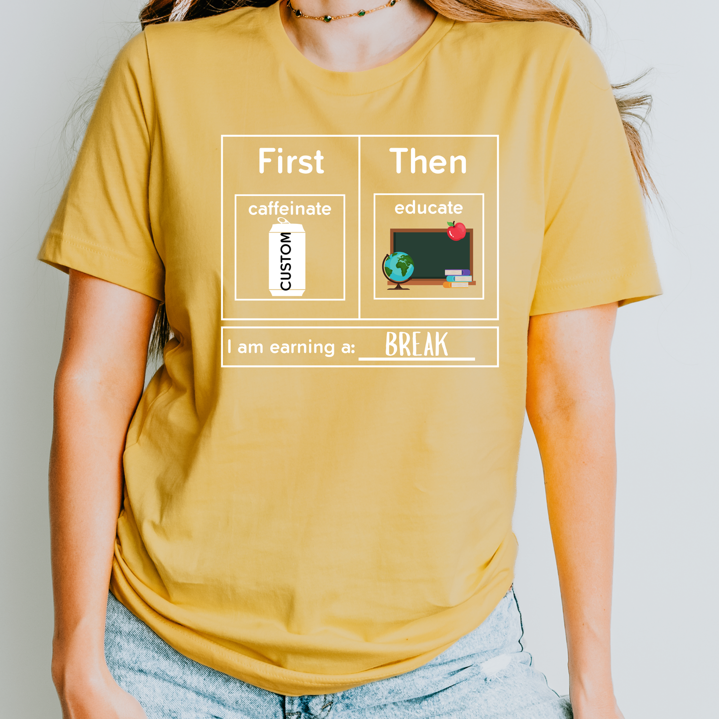 First Caffeinate Then Educate Teacher T-Shirt Custom Choose Your Beverage