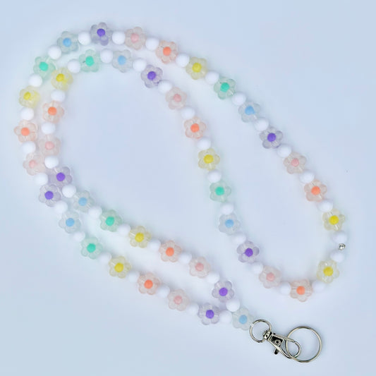 White & Flower Beaded Lanyard