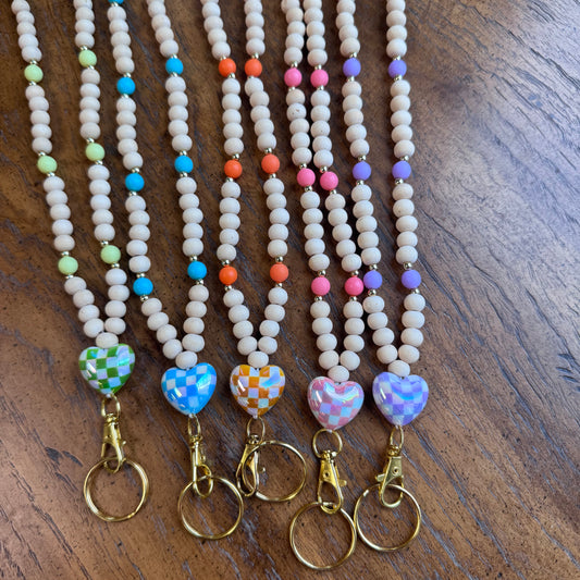Checkered Heart Beaded Teacher Lanyard