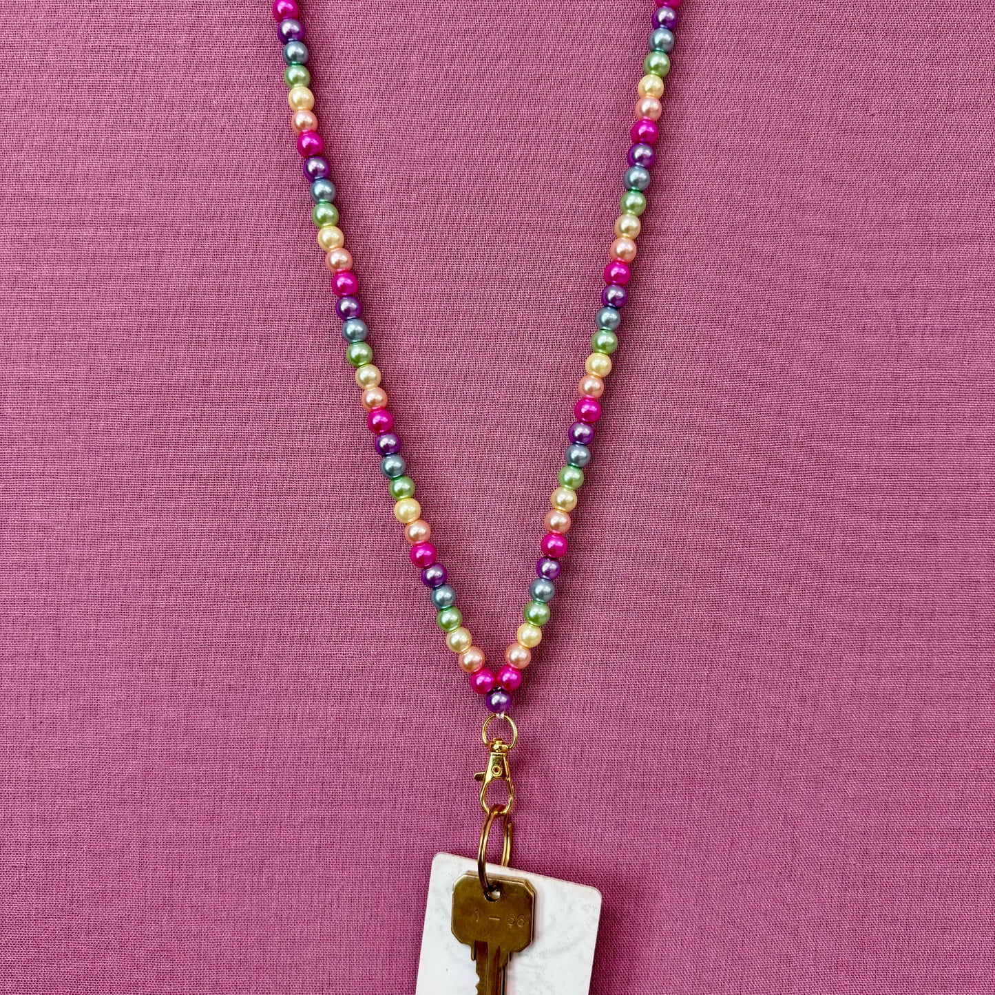 Beaded Lanyard - Rainbow Pearl Glass Beads