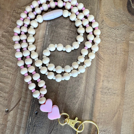 Beaded Lanyard - pink heart boho beads