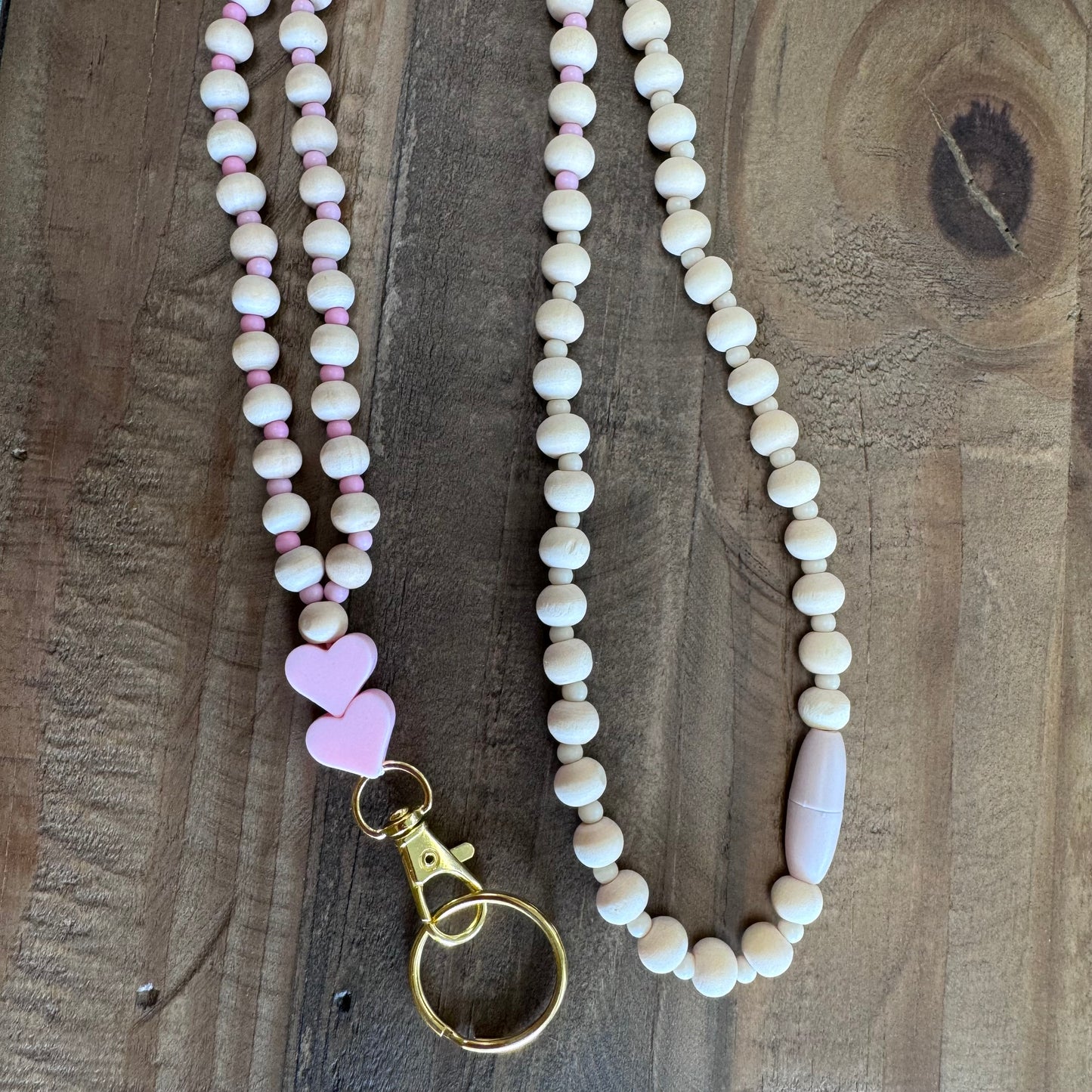 Beaded Lanyard - pink heart boho beads