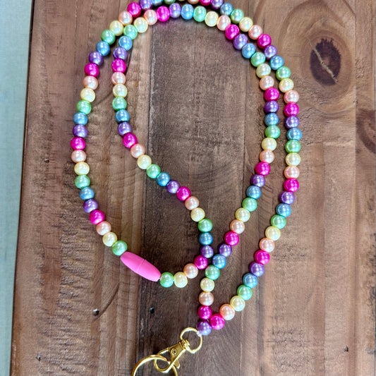 Beaded Lanyard - Rainbow Pearl Glass Beads