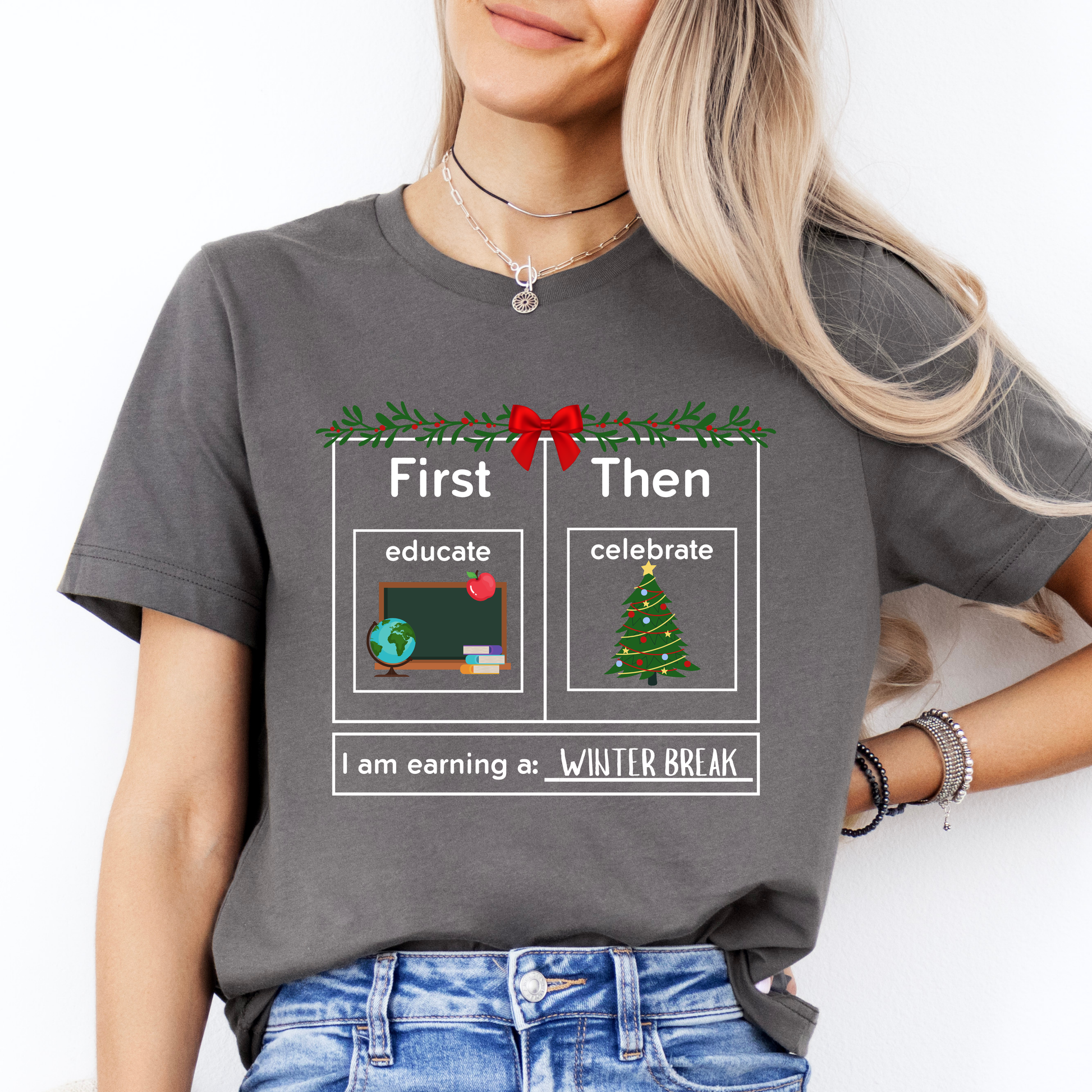 first Educate then celebrate christmas teacher shirt  grey 1