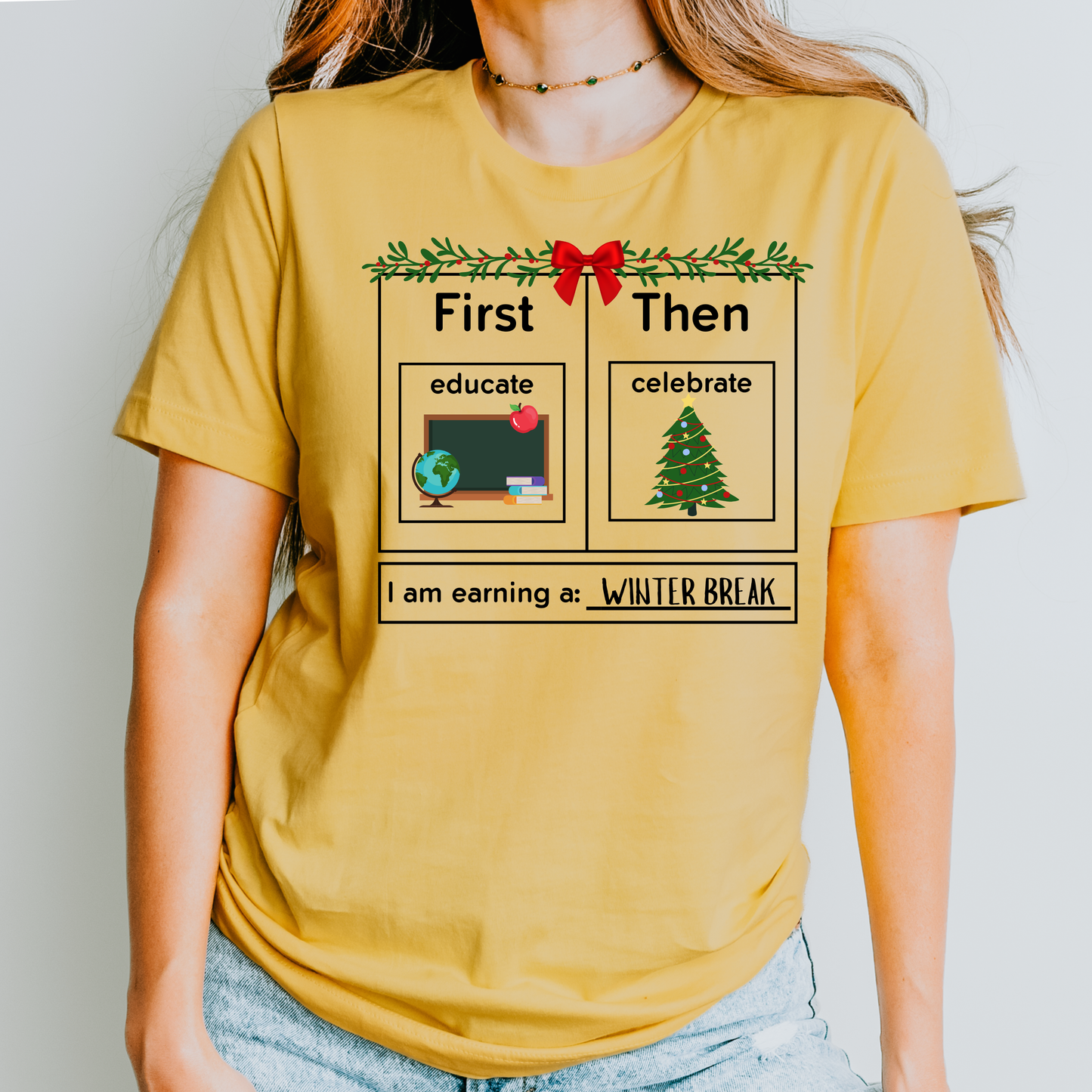 first Educate then celebrate christmas teacher shirt mustard