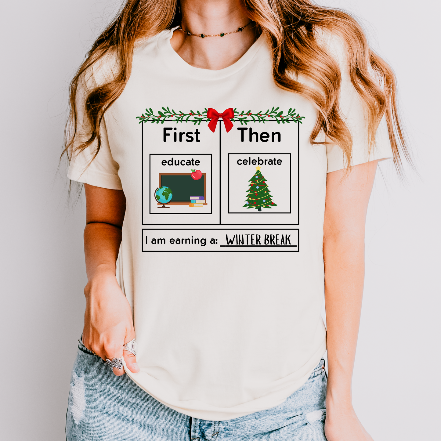 first educate then celebrate winter break christmas teacher shirt white 