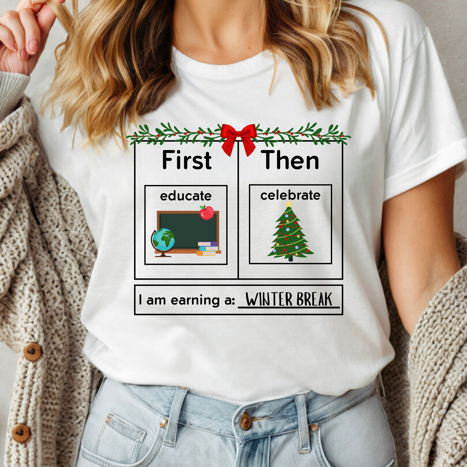 first Educate then celebrate christmas teacher shirt white