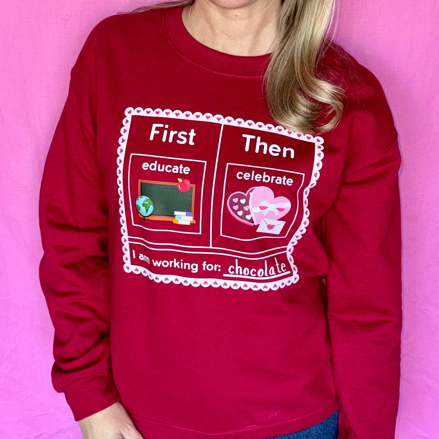first educate then celebrate valentines day teacher crewneck sweatshirt