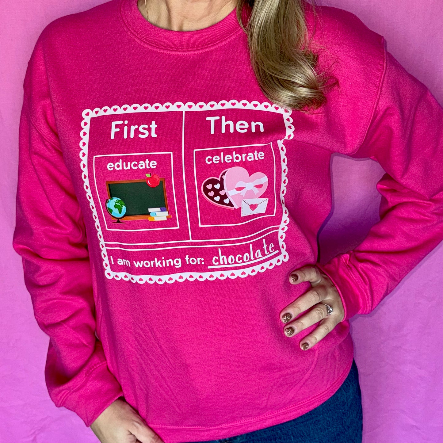 first educate then celebrate valentines day teacher crewneck sweatshirt