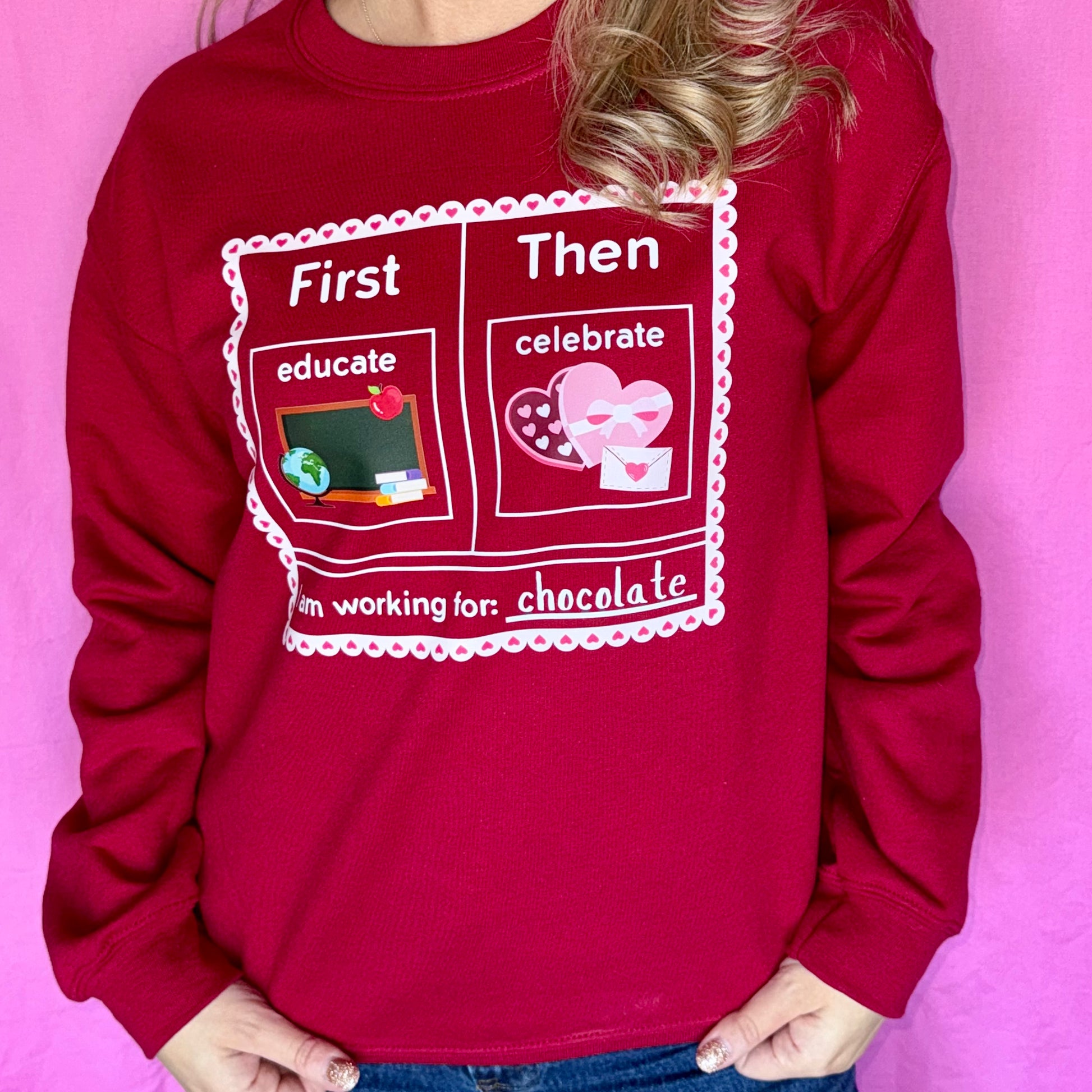 first educate then celebrate valentines day teacher crewneck sweatshirt