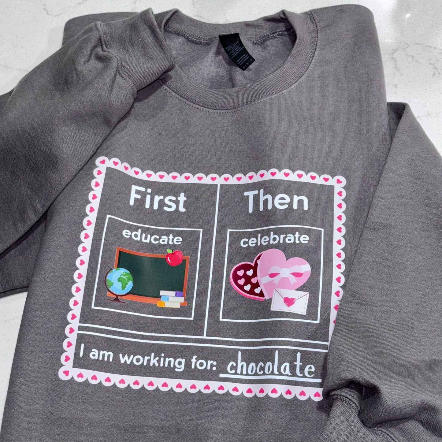 first educate then celebrate valentines day teacher crewneck sweatshirt