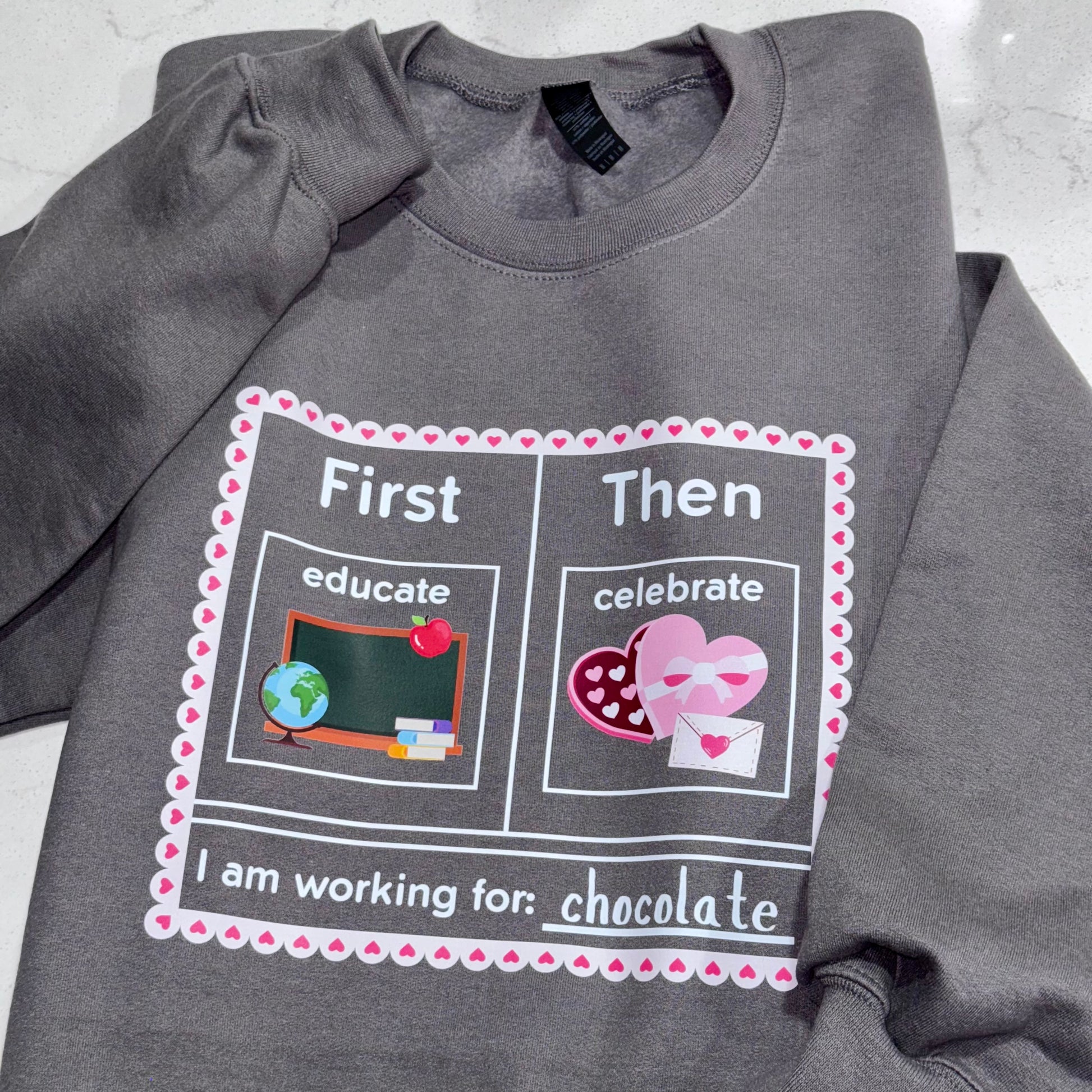 first educate then celebrate valentines day teacher crewneck sweatshirt