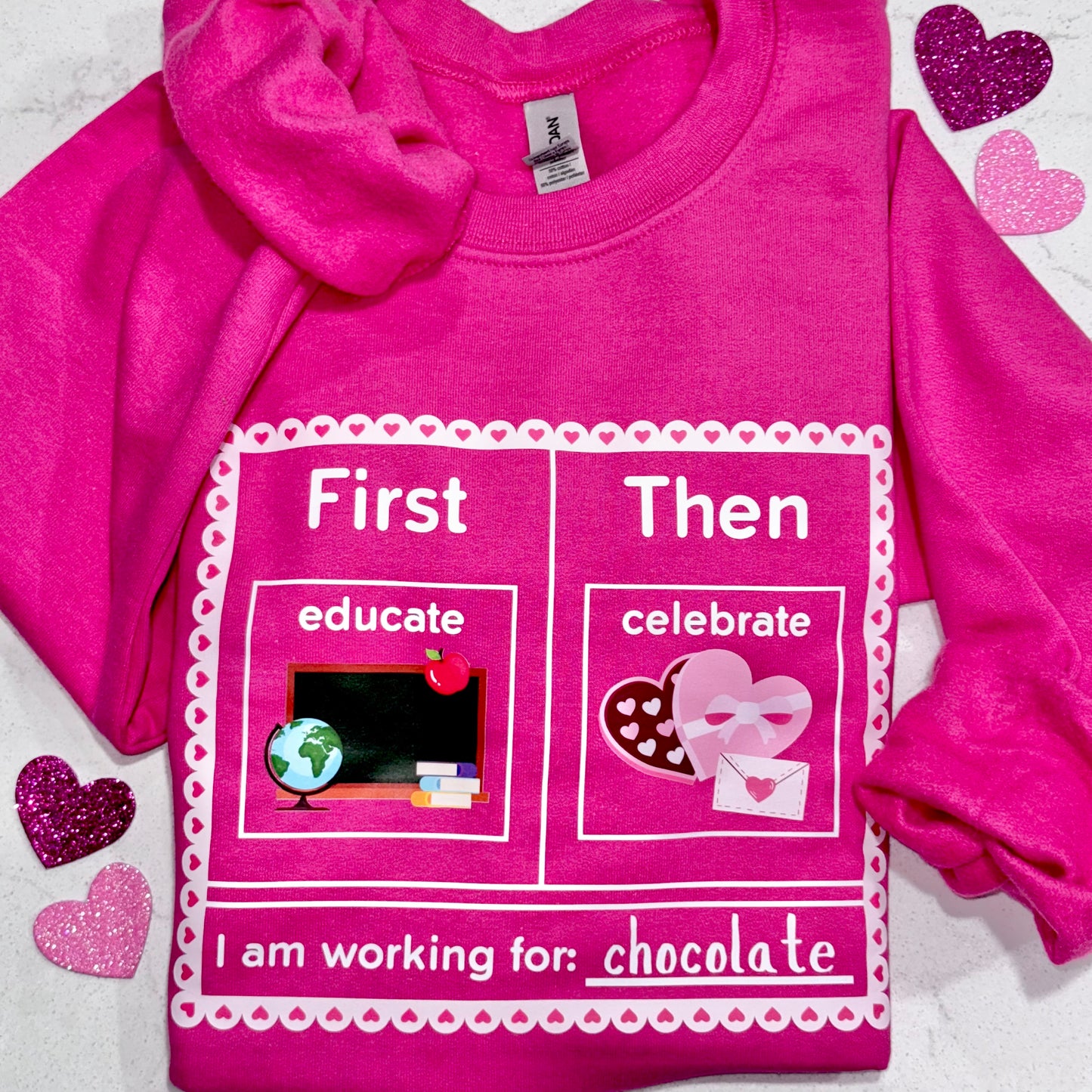 first educate then celebrate valentines day teacher crewneck sweatshirt