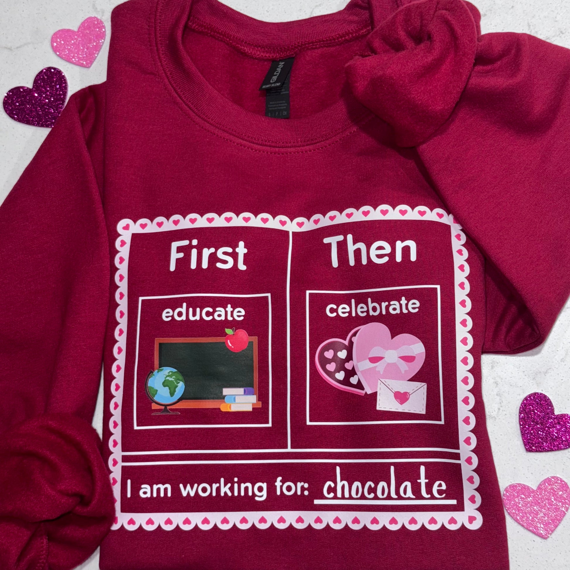 first educate then celebrate valentines day teacher crewneck sweatshirt red