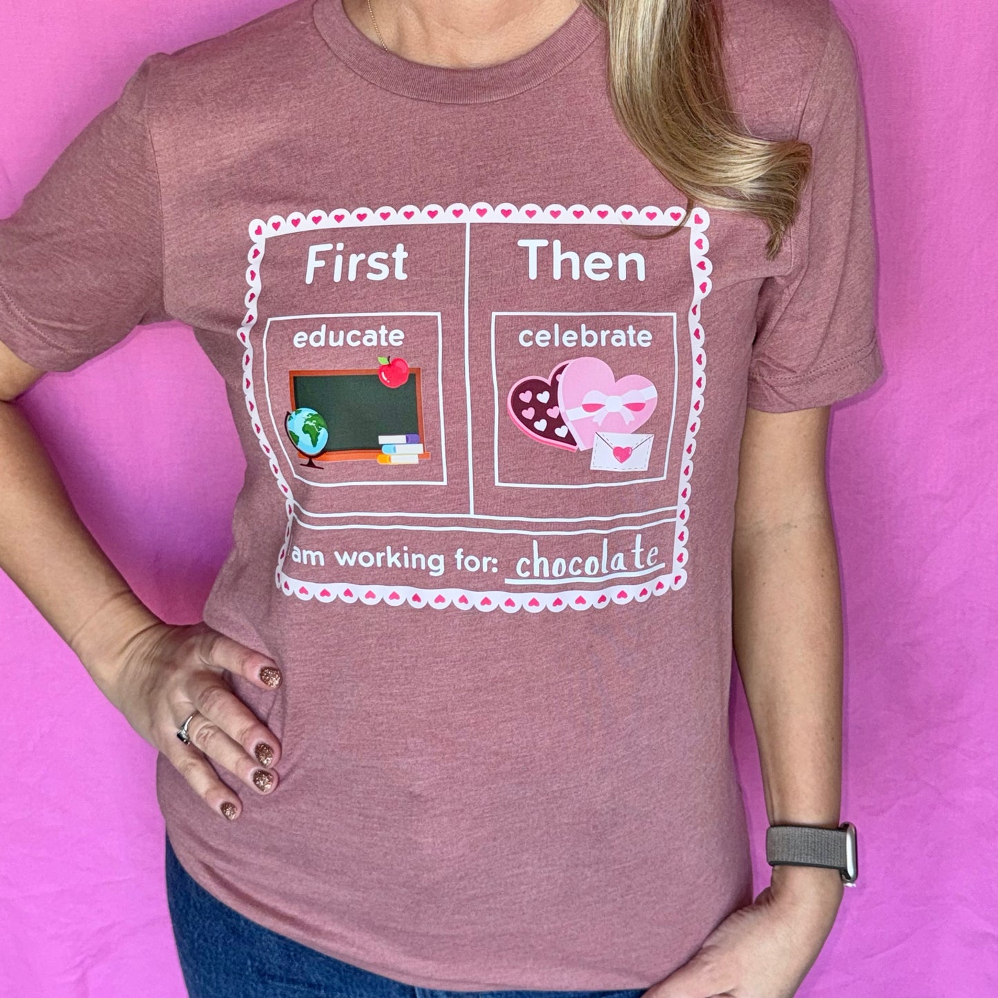 first educate then celebrate valentines day teacher shirt mauve